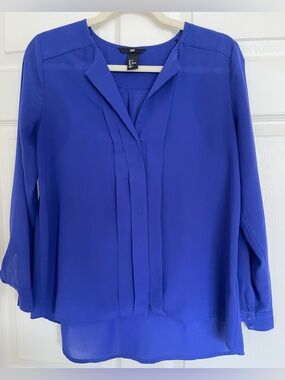 H&M Royal Blue Pleated V-Neck Sheer-Layer Blouse